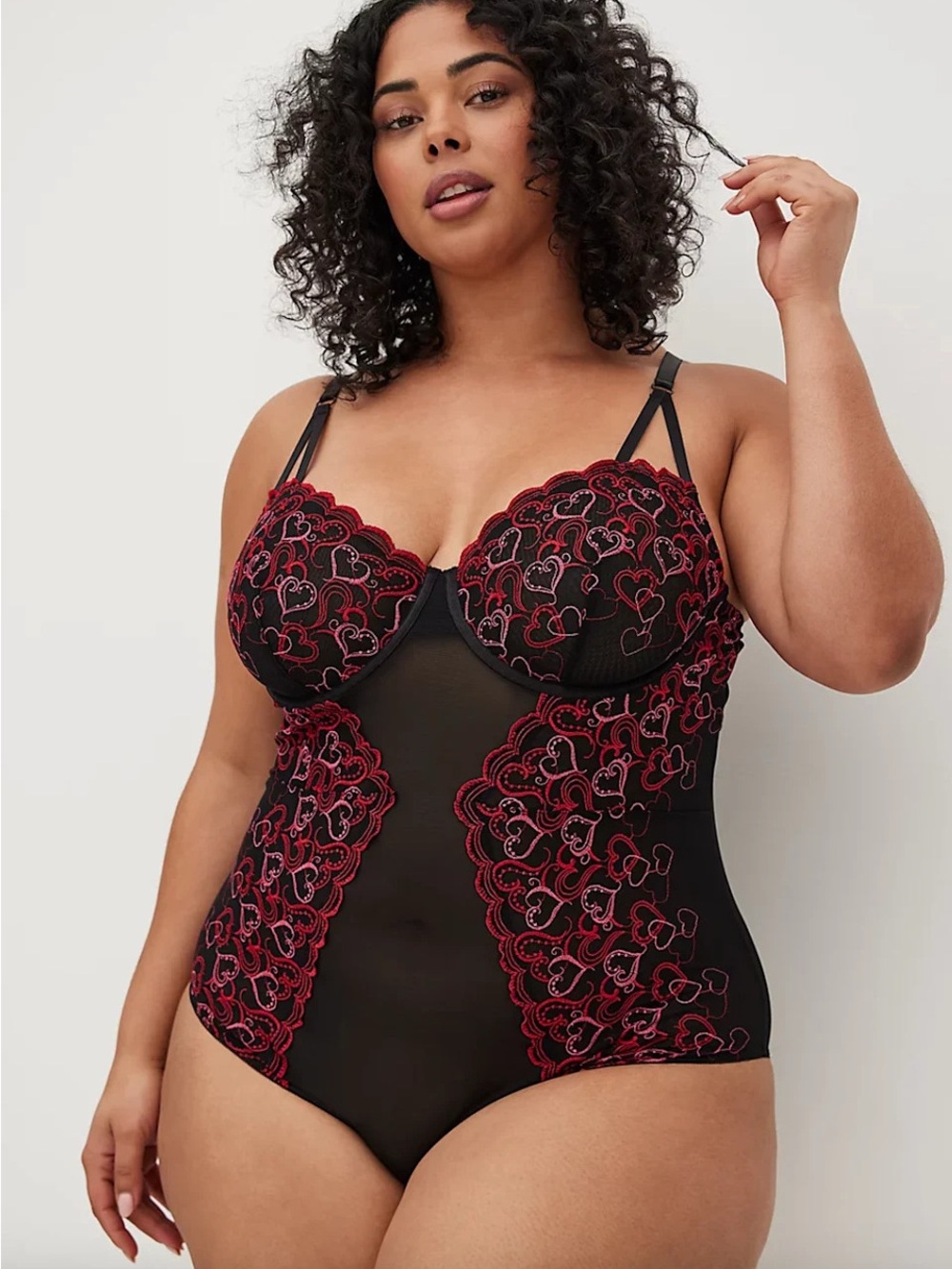 torrid Black Bodysuit with Red Heart Lace Embroidery
